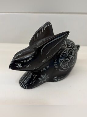 Hand Carved Soapstone Long Eared Rabbit Bunny Stone Carving Figurine 4” Black